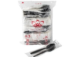 ชุดช้อนส้อมพลาสติกสีดำ + ทิชชู่ ตรา ดอกบัว